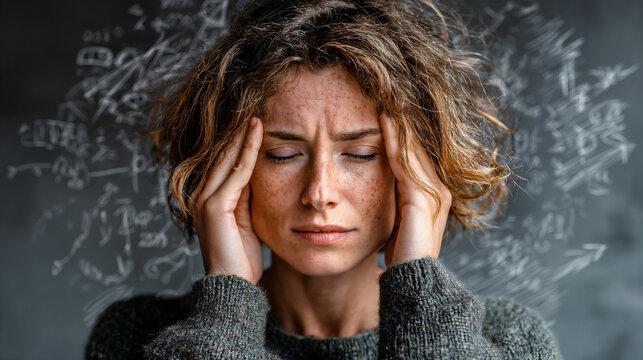 A stressed woman presses her hands to her temples in frustration while complex math formulas are drawn on the chalkboard behind her, suggesting mental overload.