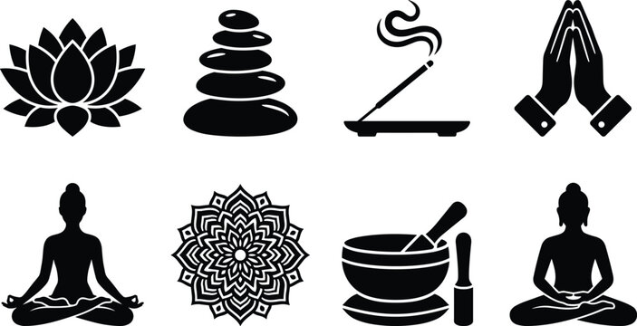 Zen and yoga black icon set featuring lotus flower meditation buddha mandala and stacked stones isolated on white background