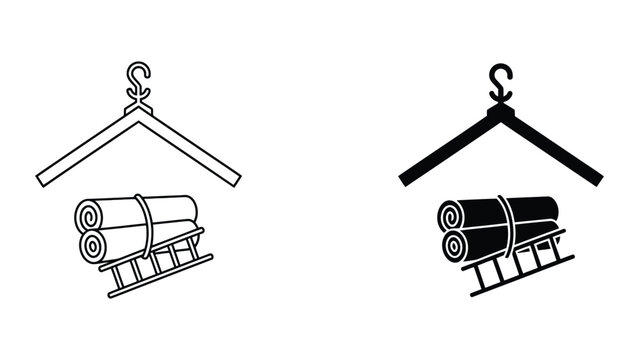 Vector illustration of hanging meat hooks with cylindrical weights in line art style