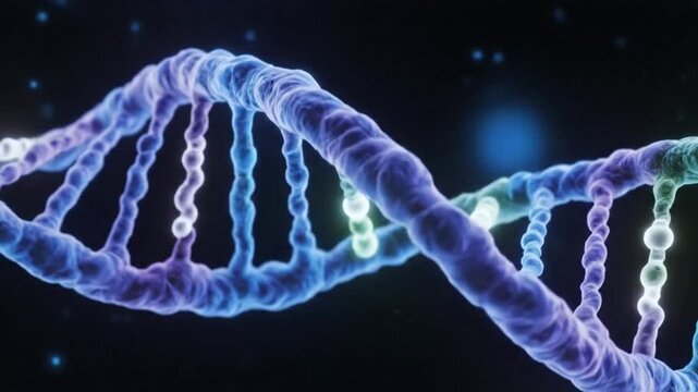 Rotating animated 3D DNA double helix structure with glowing sections against a dark background.