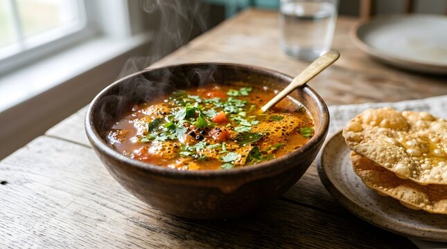 Steaming South Indian Rasam Soup with Crispy Papadums