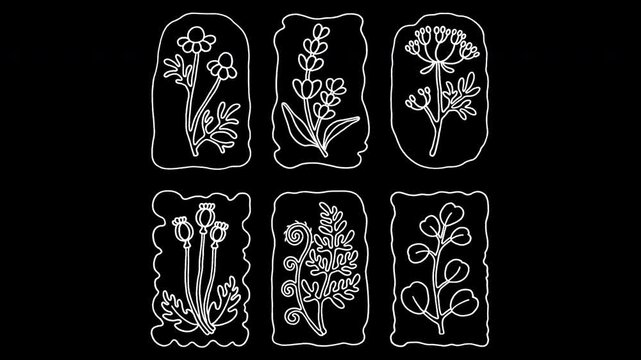 Alpha channel loopable 2D botanical pattern animation. Vintage frames, line art of lavender, chamomile, Queen Anne&rsquo;s lace, eucalyptus, poppy, fern. Chalk sketch, vibrating lines, wiggly doodle effect.