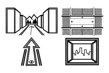 Fototapeta premium Architectural View Corridor Symbols Wire Mesh Vector Illustration – Large Black Clean Line Icons
