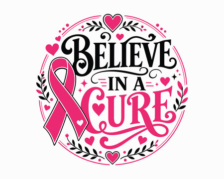 Breast cancer awareness halloween pink ribbon design 'believe in a cure' october support graphic