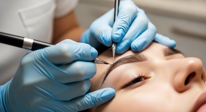 Person receiving eyebrow tattooing procedure in a salon setting