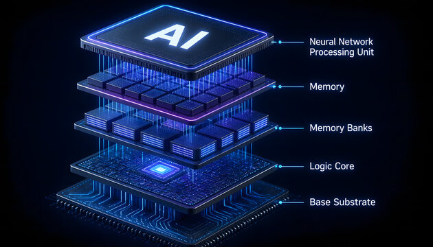 AI neural network processor unit diagram with microchip layers. Isometric exploded view of computer hardware memory and logic core. Futuristic tech illustration with text labels.