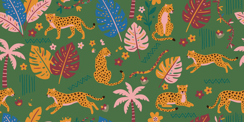 Vibrant seamless vector pattern featuring exotic jaguars, wild leopards, palm trees, and tropical monstera leaves on a lush green background. © deepika