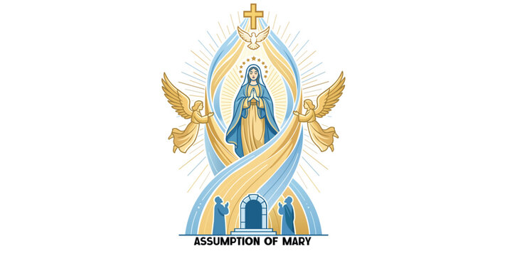 Assumption of Mary Blessed Virgin Mary with Angels Cross and Holy Spirit Christian Religious Vector Illustration