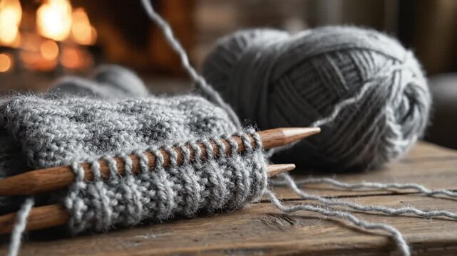 Cozy scene of grey knitting project with wooden needles and yarn ball on rustic wooden surface with warm fireplace glow background