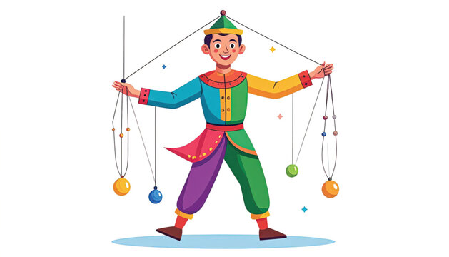 Man in colorful jester outfit holding puppets.