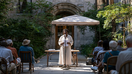 Fototapeta premium A Haitian community organizer addresses a small outdoor gathering under harsh midday sun, a folding table beside her holding informational materials, residents of varying ages