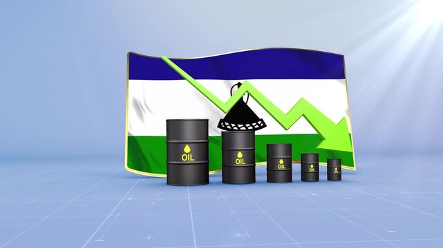 Lesotho Oil Price Falling with Oil Barrels Downward Green Arrow and 3D Financial Data Visualization Graphs for Economy and Business Concept
