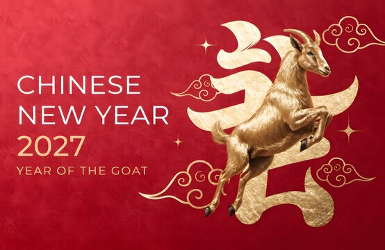 Chinese New Year 2027 greeting card design with 3D golden goat and calligraphy on red background, Year of the Goat