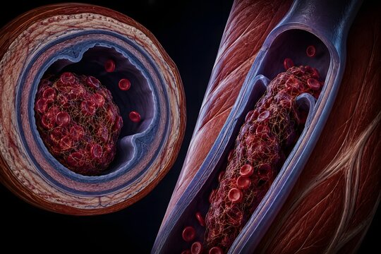 Medical CGI of deep vein thrombosis showing fibrin mesh thrombus with trapped red blood cells occluding femoral vein. Vascular medical illustration.
