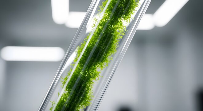 Close-up of green microalgae growing inside a transparent glass photobioreactor tube in a bright, modern biotechnology laboratory for biofuel and oxygen production research.