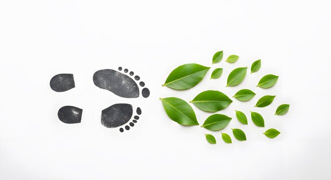 Conceptual overhead view of black human footprints transitioning into fresh green leaves on a white background, representing carbon footprint, sustainability, and ecological growth.