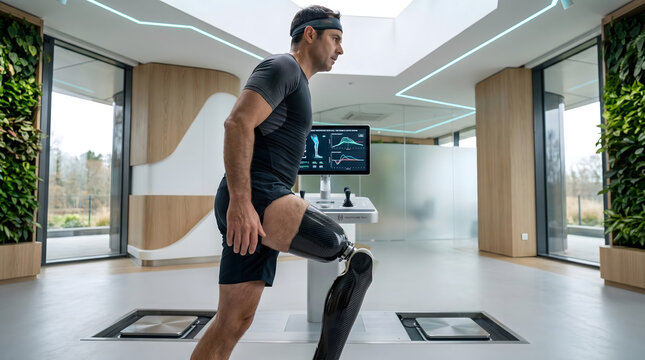Man with advanced prosthetic leg performs rehabilitation using bionic technology in a modern, high-tech facility for improved mobility and physical recovery