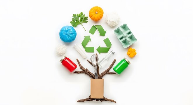 Flat lay composition of household waste and reusable items arranged in a tree shape with a green recycling symbol center, featuring glass jars, pumpkin, wood, and plastic on white background.