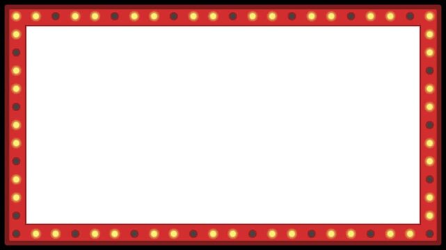 Retro red marquee frame with flashing yellow light bulbs around white blank space for cinema and theater advertising