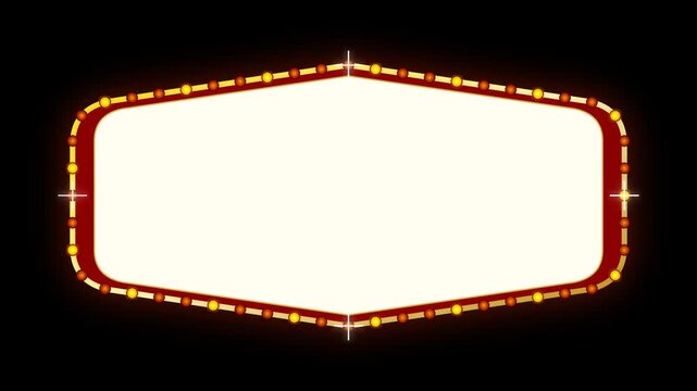 Vintage retro marquee sign with flashing light bulbs and red border for cinema or theater announcements over black background