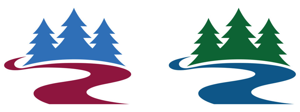 Minimalist vector icons of pine tree forests with winding river paths in two color variations.