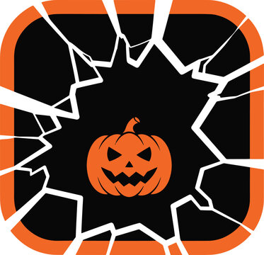 Orange jack o lantern pumpkin visible through shattered black surface with broken borders