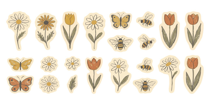 Set of hand drawn spring garden flowers tulips daisies butterflies and cute bumble bees with colorful shapes