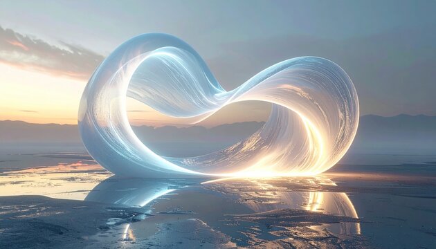 Abstract, iridescent Mobius loop sculpture reflects on a glassy, dawn-lit surface