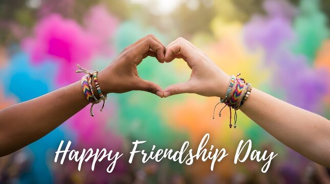 Happy friendship day heart shaped hands with colorful bracelets