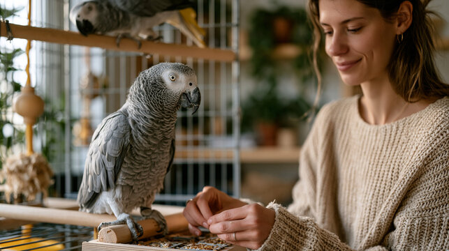 Parrot owner installs foraging toy puzzle inside large flight cage while african grey climbs wooden perch overhead in sunlit home bird room where enrichment items including