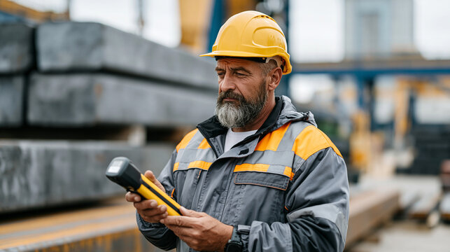Steel billet cooling yard worker with pyrometer monitoring temperature of freshly rolled steel sections quality control metallurgical process steel production mill industrial