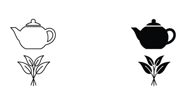 Teapot with mint leaf vector illustration set in line art style
