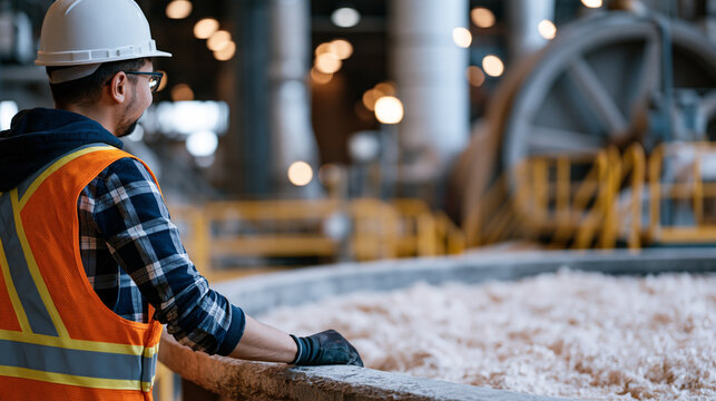 Paper mill pulp processing worker overseeing fiber slurry vat agitation system industrial production floor wet pulp manufacturing engineer cellulose processing plant