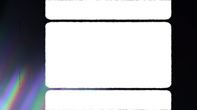 Super 8 film Effect film frames with colorful light streaks on a black background, perfect for design projects or multimedia presentations. Suitable for editing software.