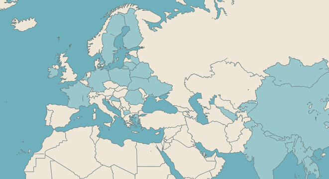Stylized map illustration showing the European continent and surrounding regions with highlighted countries.