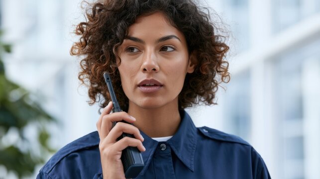 Female security guard with curly hair communicates via walkie-talkie while wearing a navy blue uniform, indoor setting with plants and large windows in the background