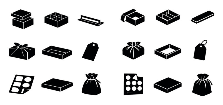 Packaging and storage concept icons with boxes, tags and gift bags for branding design in solid icon style