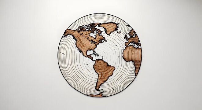 Overhead composition of a circular world map illustration featuring wood grain textures and concentric tree ring patterns on a neutral background, showing stylized continents.