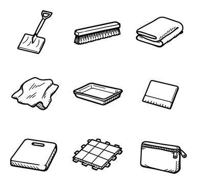 Cleaning and home UI elements with shovel, brush and cloth for infographic design in outline style