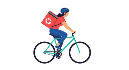 Fototapeta premium Efficient female delivery courier riding a bicycle with a large thermal backpack to deliver fresh food or packages to customers in the city.