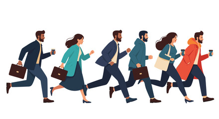 Obraz premium Group of professional men and women in business attire running together in a line with coffee and bags for a team or busy city theme.