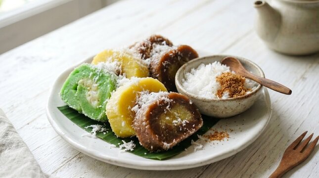 Slices of traditional Indonesian getuk gulung pisang cassava roll cakes with banana filling topped with grated coconut, served on a ceramic plate over a white rustic wooden table.