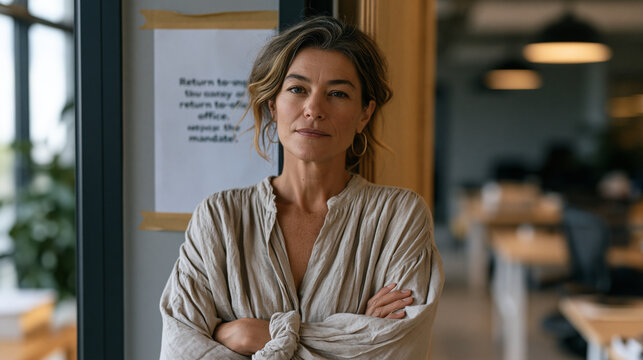 Seasoned project manager arms crossed in the doorway of an empty open-plan office, a return-to-office mandate printed and taped to the wall behind her, office return resistance