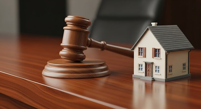 Wooden judge gavel and small house model on office desk, real estate auction and property law concept, foreclosure and legal housing dispute