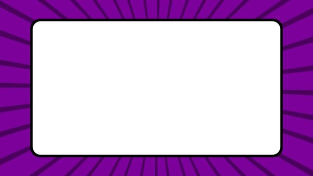 Purple comic sunburst background with central white rounded frame and radiating rays for dynamic graphic announcements.