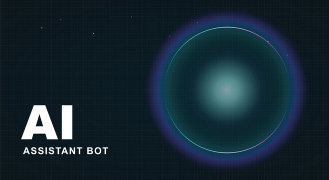 Futuristic artificial intelligence assistant bot banner featuring glowing neon circular digital waves on a dark wireframe grid abstract background