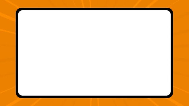 White rectangular frame placeholder with orange sunburst background in retro comic pop art style for video announcements