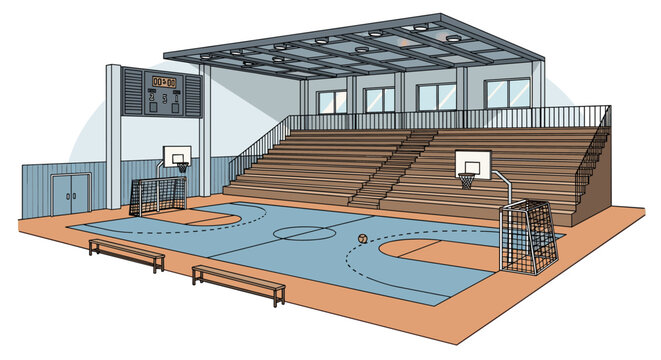 Empty indoor basketball court features a polished floor, bleacher seating, scoreboards, and professional hoops for sports activities.