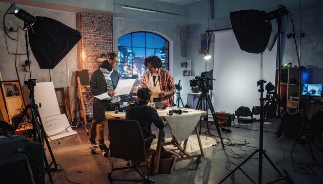Film Production Team Collaborating on Schedule Review in Studio