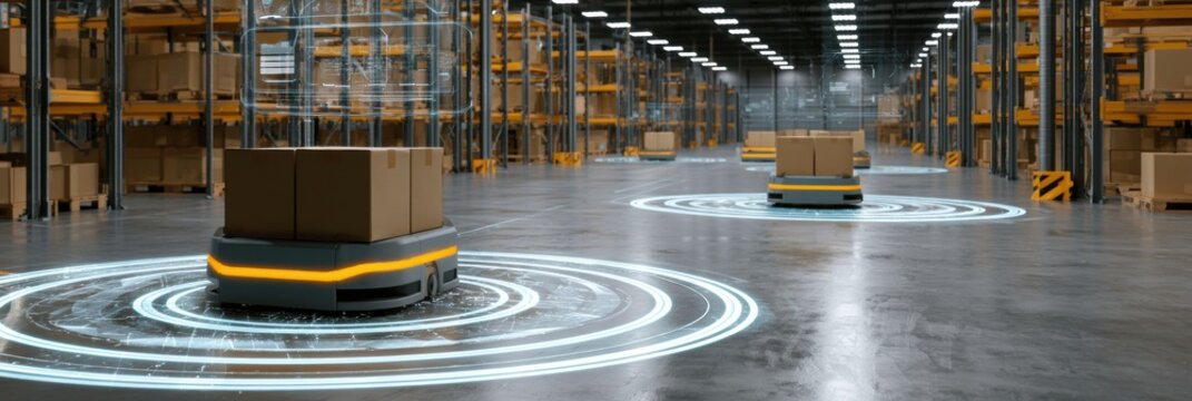 Autonomous mobile robots move in a warehouse with technology for navigation and monitoring. Boxes are placed on platforms in a clean layout.